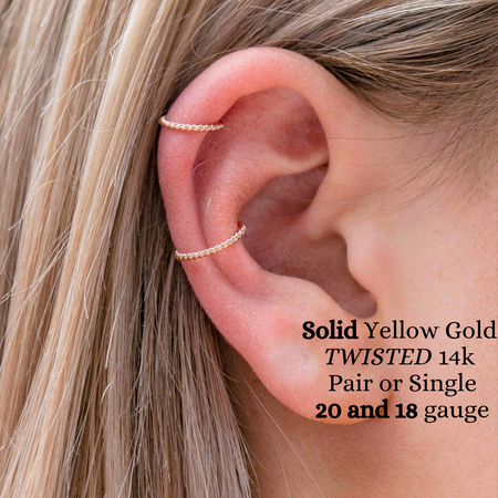 YELLOW Solid Gold TWISTED 14k Hoop Earring